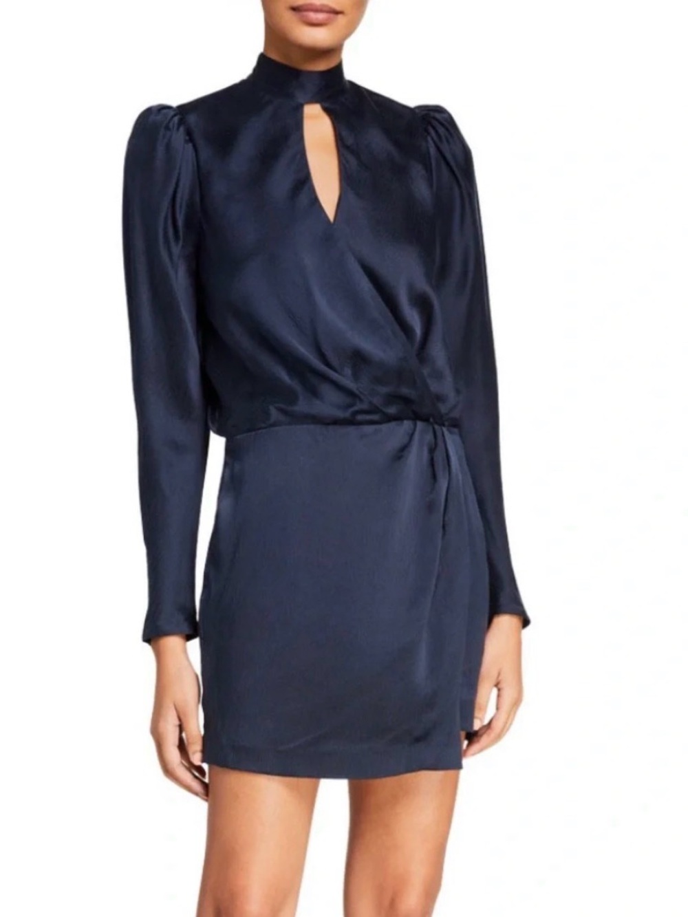 Frame Denim Navy Silk Long-Sleeve Keyhole Wrap Dress